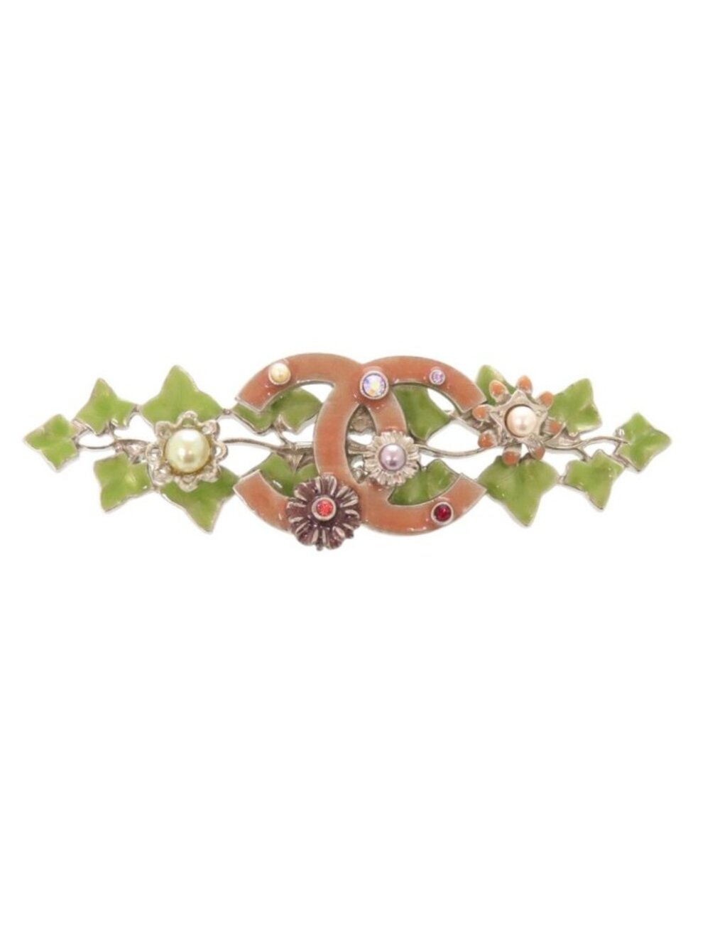 Chanel Vintage CC Logo Ivy Leaf Metal Rhinestone Faux Pearl Green Pink Brooch